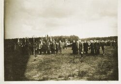 Scouting Rally in Wierzenica (8-10 June 1919).  Henryk Śniegocki, Józef Pawlak with the flag of the Black Scouts, x. Łukomski (Stanisław Kostka?)
