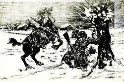 K. Wróblewski’s drawing – Wacław Noskowiak disarming a Grenschutz guard, 12/02/1919, Radwanki. The horse was killed in the battle