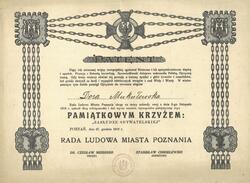 “Zasłudzeobywatelskiej” (“For Civil Merits”) The Poznań People’s Council’s Memorial Cross award document