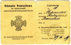 Card of the former People’s Guard Supreme Command’s Memorial Badge for bravery in the Greater Poland Uprising of 1918-1919