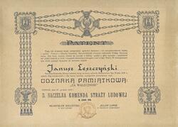 Award document of the former People’s Guard Supreme Command’s Memorial Badge for bravery in the Greater Poland Uprising of 1918-1919
