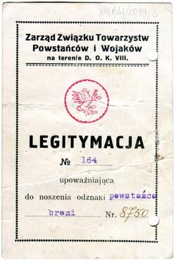 Card of the General Union of Insurgents and Soldiers Associations in the Western Lands of the Polish Republic “insurgent of arms” badge