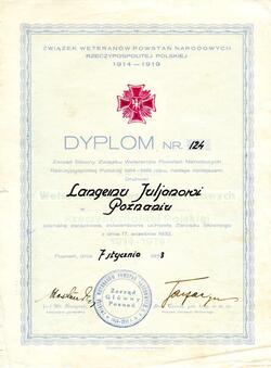 The Polish National Uprisings of 1914-1919 Veterans Association badge diploma